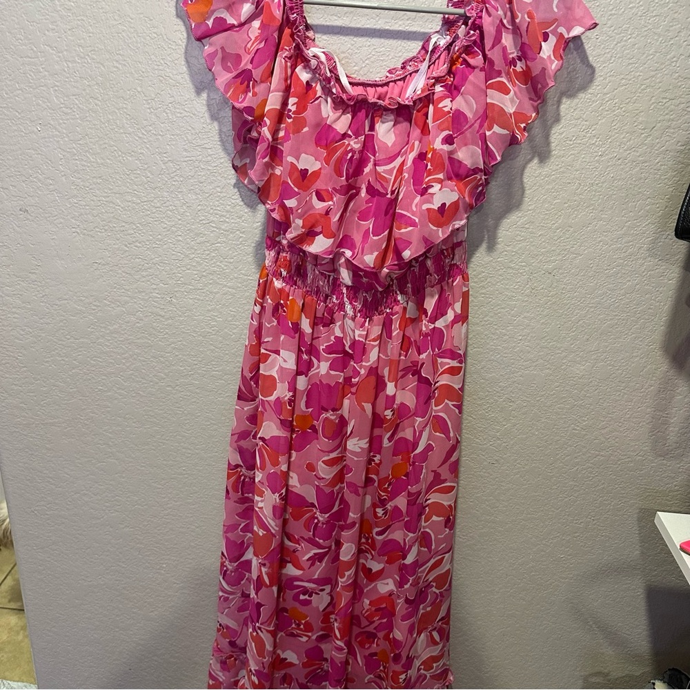 Pink maxi dress off the shoulder flower print